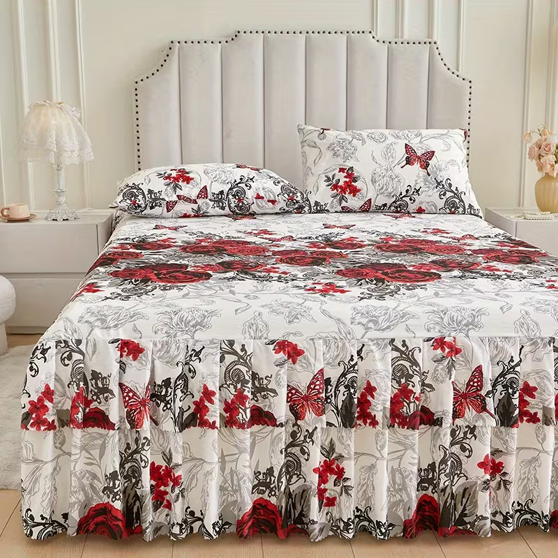 New Floral Print Ruffle Trim Soft Plaid Breathable Bed Skirt
