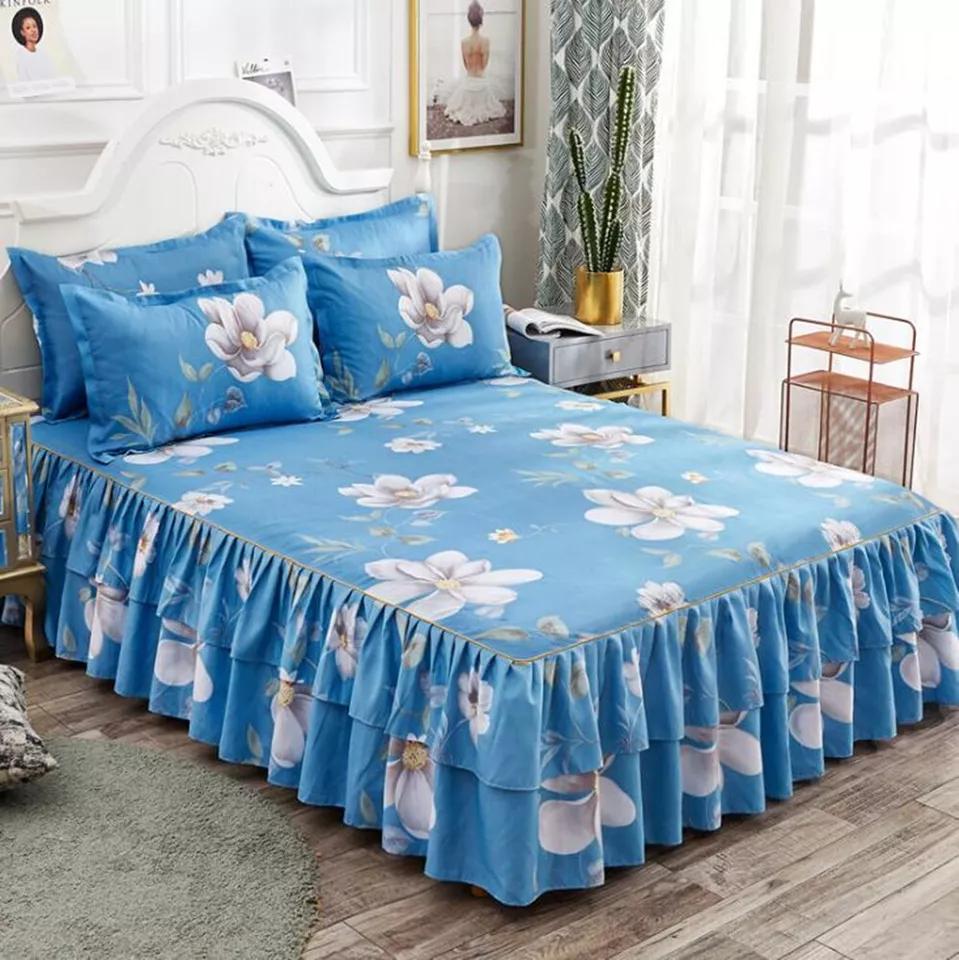 New Floral Print Ruffle Trim Soft Plaid Breathable Bed Skirt (Copy)