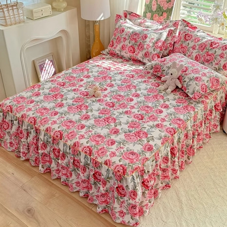 New Floral Rose Print Ruffle Trim Soft Plaid Breathable Bed Skirt