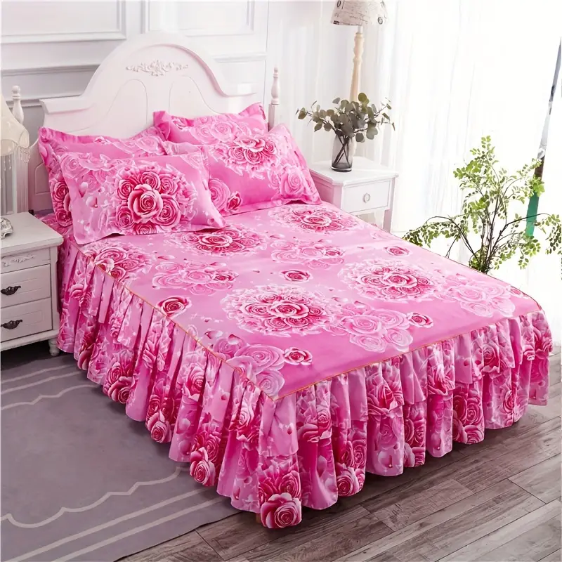 New Floral Print Ruffle Trim Soft Plaid Breathable Bed Skirt