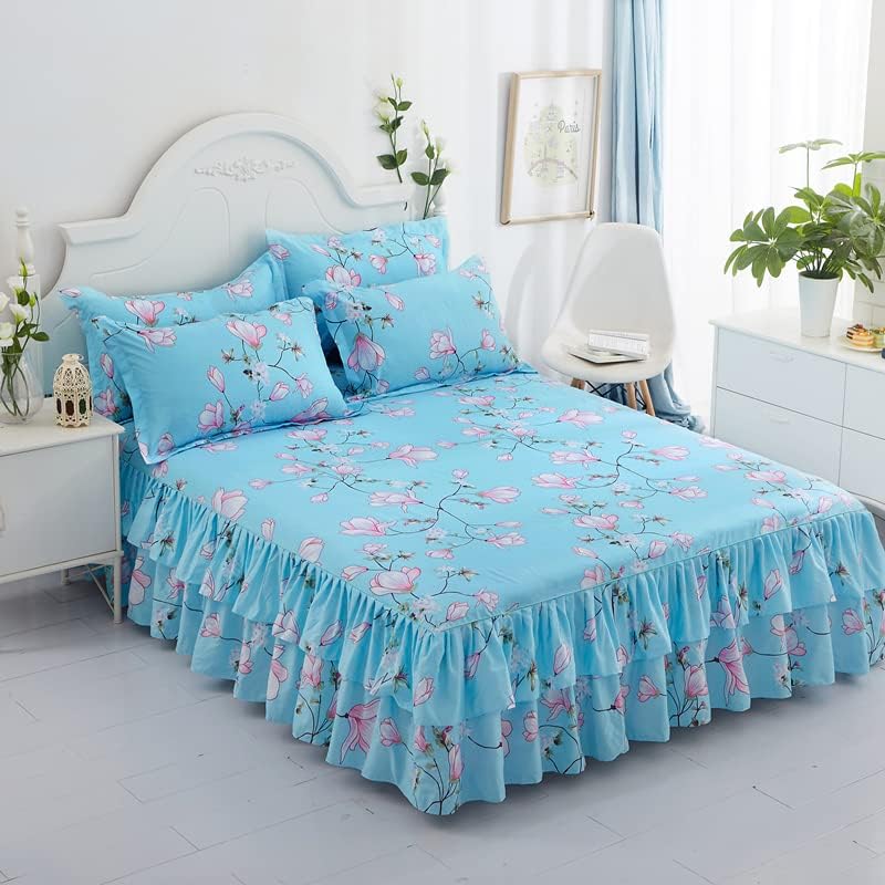 New Floral Print Ruffle Trim Soft Plaid Breathable Bed Skirt