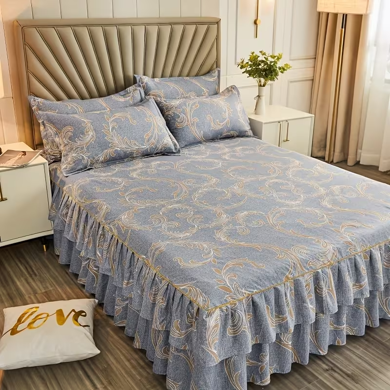 New Floral Print Ruffle Trim Soft Plaid Breathable Bed Skirt
