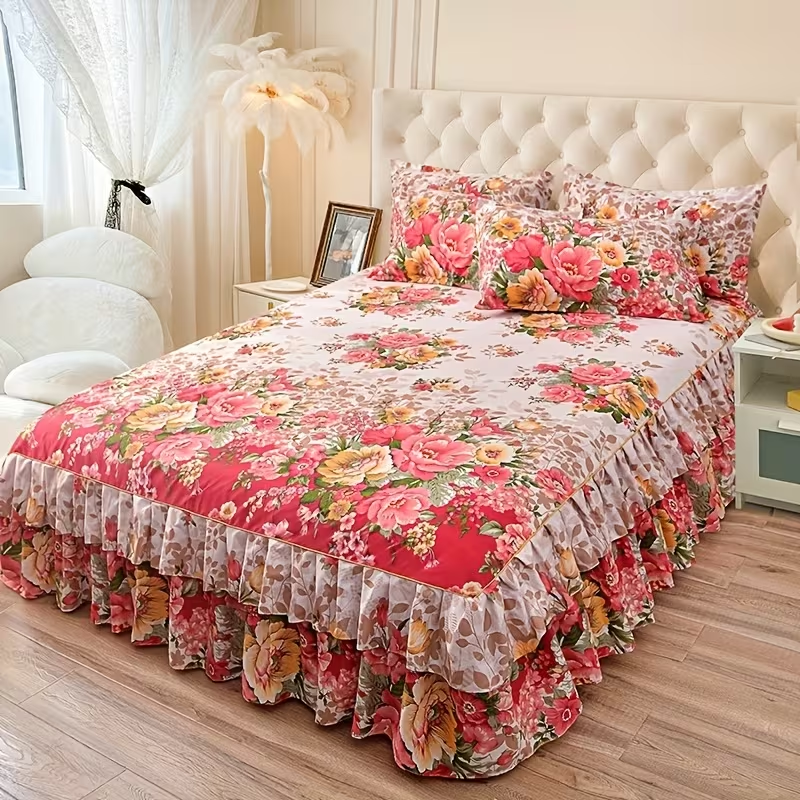 New Floral Print Ruffle Trim Soft Plaid Breathable Bed Skirt