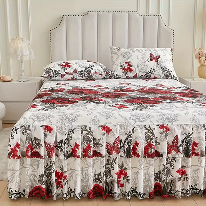 New Floral Print Ruffle Trim Soft Plaid Breathable Bed Skirt