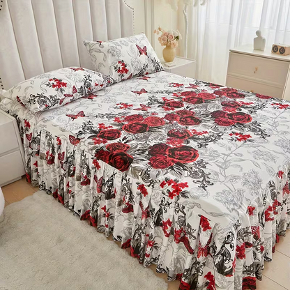 New Floral Print Ruffle Trim Soft Plaid Breathable Bed Skirt