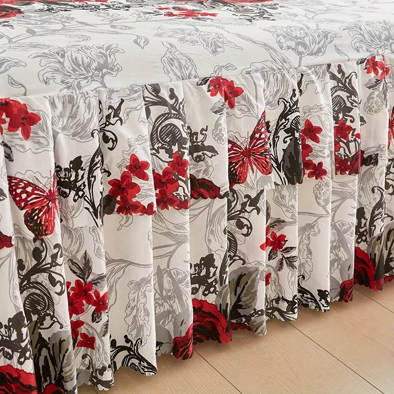 New Floral Print Ruffle Trim Soft Plaid Breathable Bed Skirt