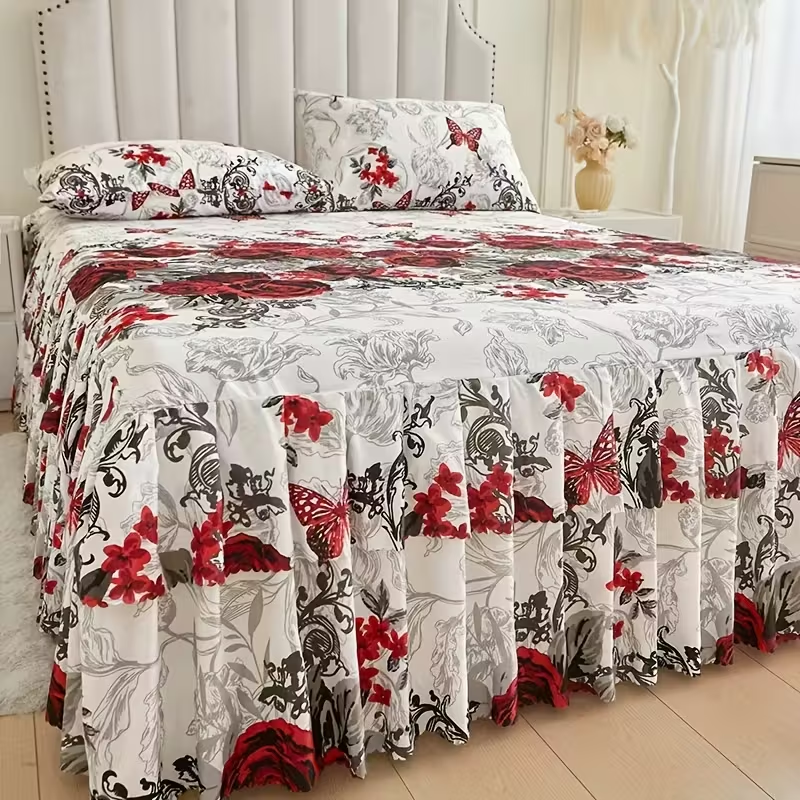 New Floral Print Ruffle Trim Soft Plaid Breathable Bed Skirt