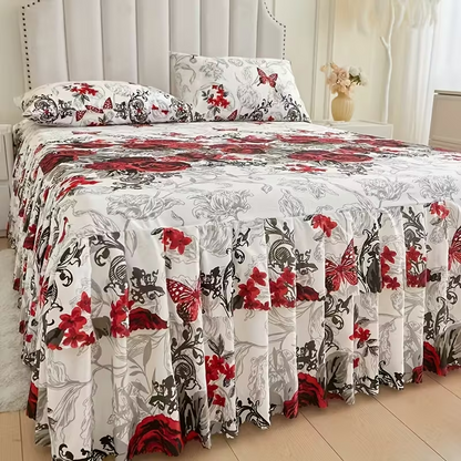 New Floral Print Ruffle Trim Soft Plaid Breathable Bed Skirt