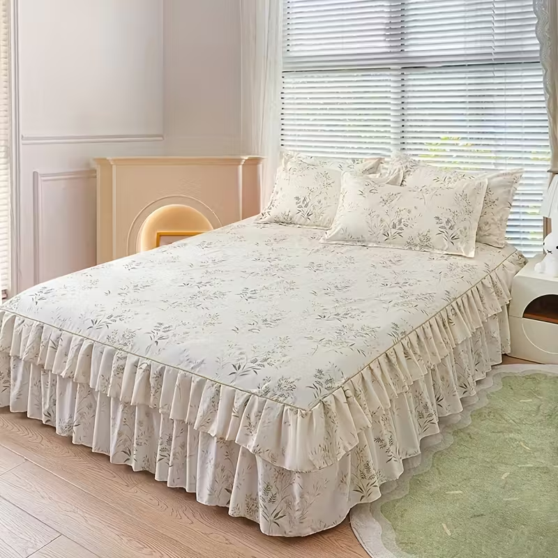 New Floral Print Ruffle Trim Soft Plaid Breathable Bed Skirt (Copy)