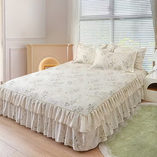 New Floral Print Ruffle Trim Soft Plaid Breathable Bed Skirt (Copy)