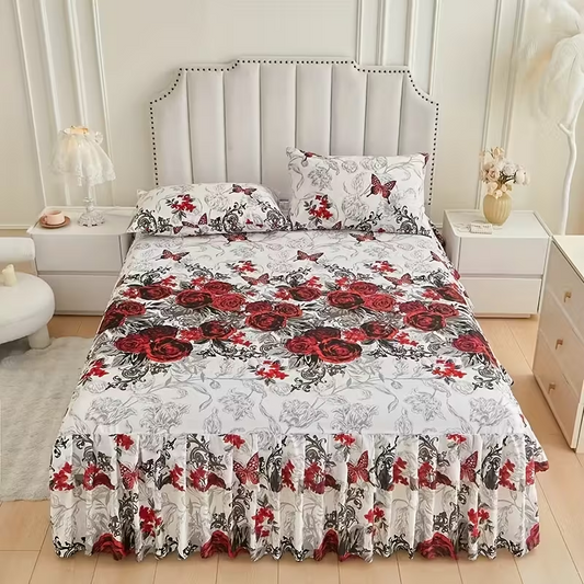 New Floral Print Ruffle Trim Soft Plaid Breathable Bed Skirt