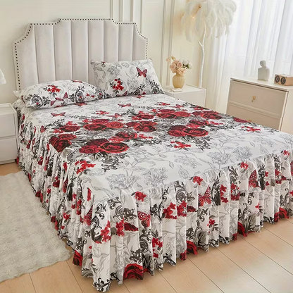 New Floral Print Ruffle Trim Soft Plaid Breathable Bed Skirt