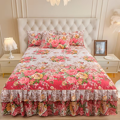 New Floral Print Ruffle Trim Soft Plaid Breathable Bed Skirt