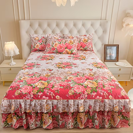 New Floral Print Ruffle Trim Soft Plaid Breathable Bed Skirt