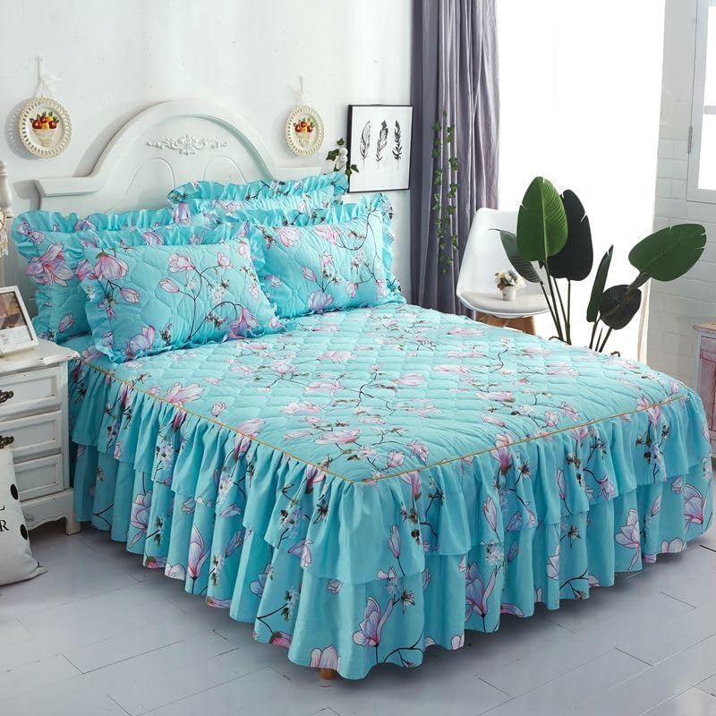 New Floral Print Ruffle Trim Soft Plaid Breathable Bed Skirt