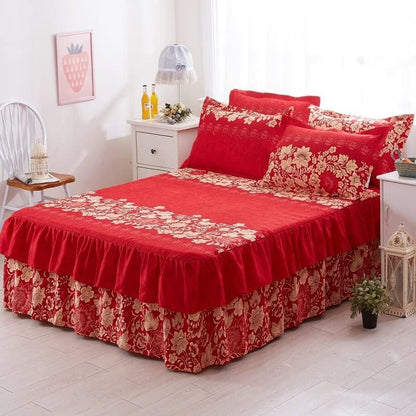 Royal Crimson Floral Bed Skirt & Sheet Set
