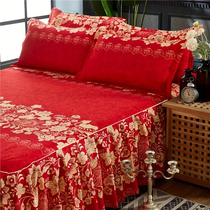 3pcs Red Bedskirt Set, Floral Print Ruffle Anti-Slip Bedding Set 3pcs Red Bedskirt Set, Floral Print Ruffle Anti-Slip Bedding Set 3pcs Red Bedskirt Set, Floral Print Ruffle Anti-Slip Bedding Set