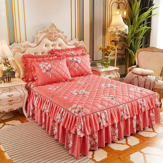 New Floral Print Ruffle Trim Soft Plaid Breathable Bed Skirt