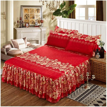 3pcs Red Bedskirt Set, Floral Print Ruffle Anti-Slip Bedding Set 3pcs Red Bedskirt Set, Floral Print Ruffle Anti-Slip Bedding Set 3pcs Red Bedskirt Set, Floral Print Ruffle Anti-Slip Bedding Set