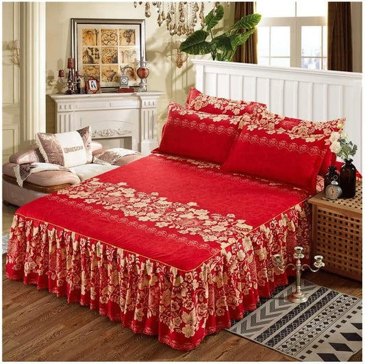 3pcs Red Bedskirt Set, Floral Print Ruffle Anti-Slip Bedding Set 3pcs Red Bedskirt Set, Floral Print Ruffle Anti-Slip Bedding Set 3pcs Red Bedskirt Set, Floral Print Ruffle Anti-Slip Bedding Set