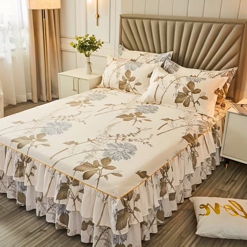 New Floral Print Ruffle Trim Soft Plaid Breathable Bed Skirt 3