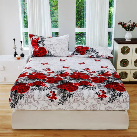 3pcss Red Small Butterfly And Red Rose Flower Cluster French Romantic Style Fitted Sheet