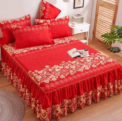 Royal Crimson Floral Bed Skirt & Sheet Set