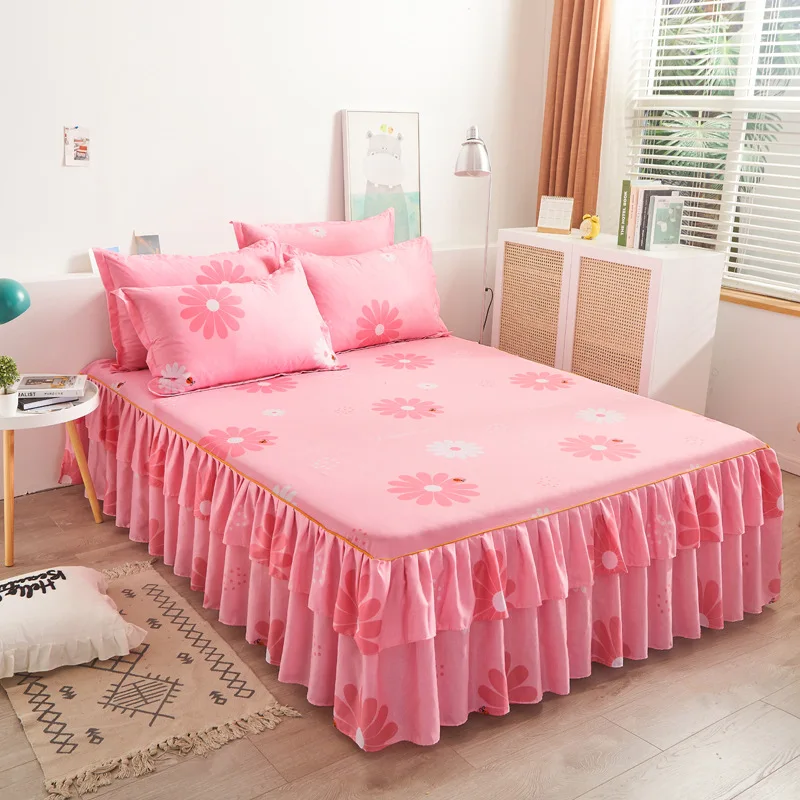 New Floral Print Ruffle Trim Soft Plaid Breathable Bed Skirt