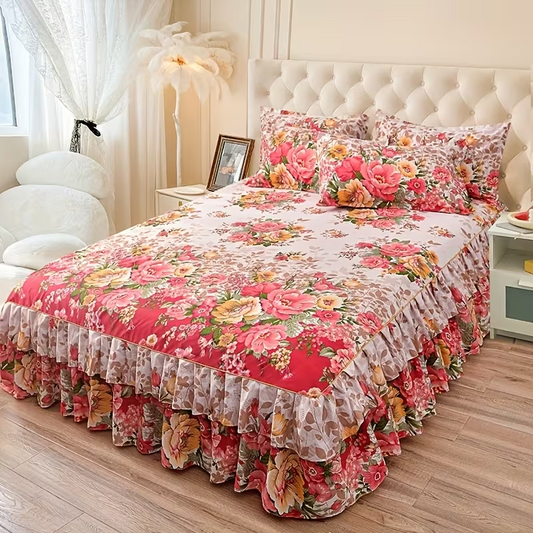 New Floral Print Ruffle Trim Soft Plaid Breathable Bed Skirt
