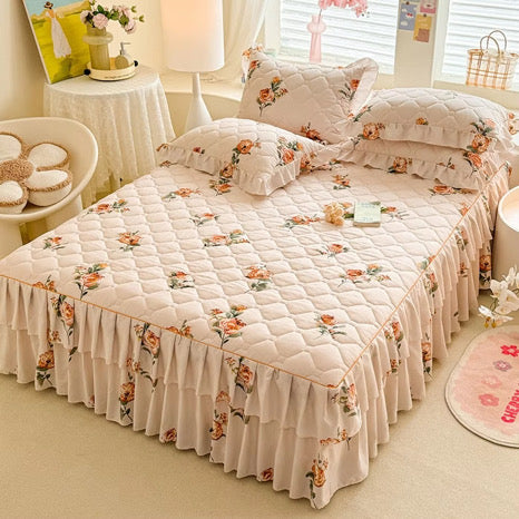 New Floral Print Ruffle Trim Soft Plaid Breathable Bed Skirt